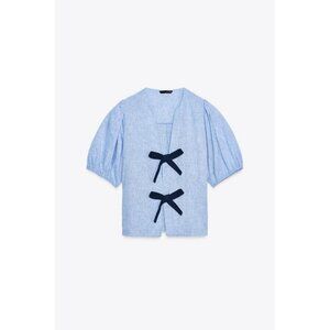 ZARA LINEN BLEND TIE BLOUSE